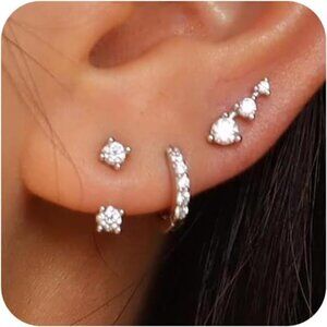 Gold Hoop Earrings Set Women Huggie Hoops CZ Studs Chunky Open Hoops White Gold